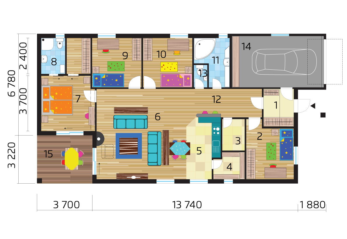 Négy hálószobás bungaló garázzsal - sz.44 - alaprajz