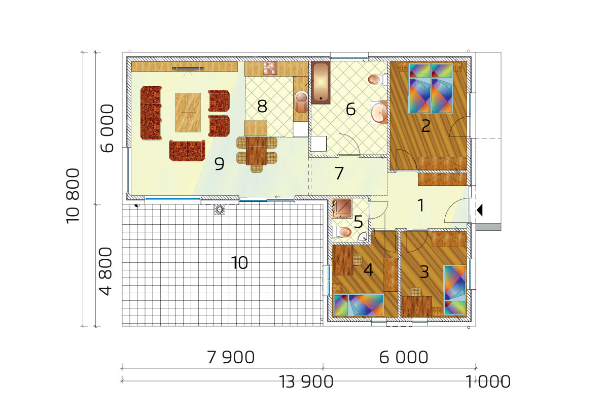 Három hálószobás L- alakú családi ház alaprajza