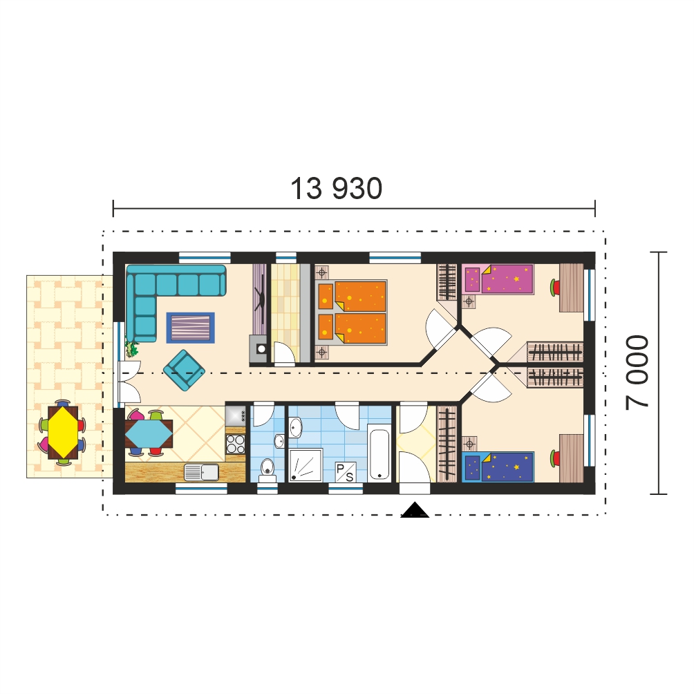 Keskeny, három hálószobás, előregyártott elemekből álló bungaló tető nélküli terasszal - sz.36 - alaprajz