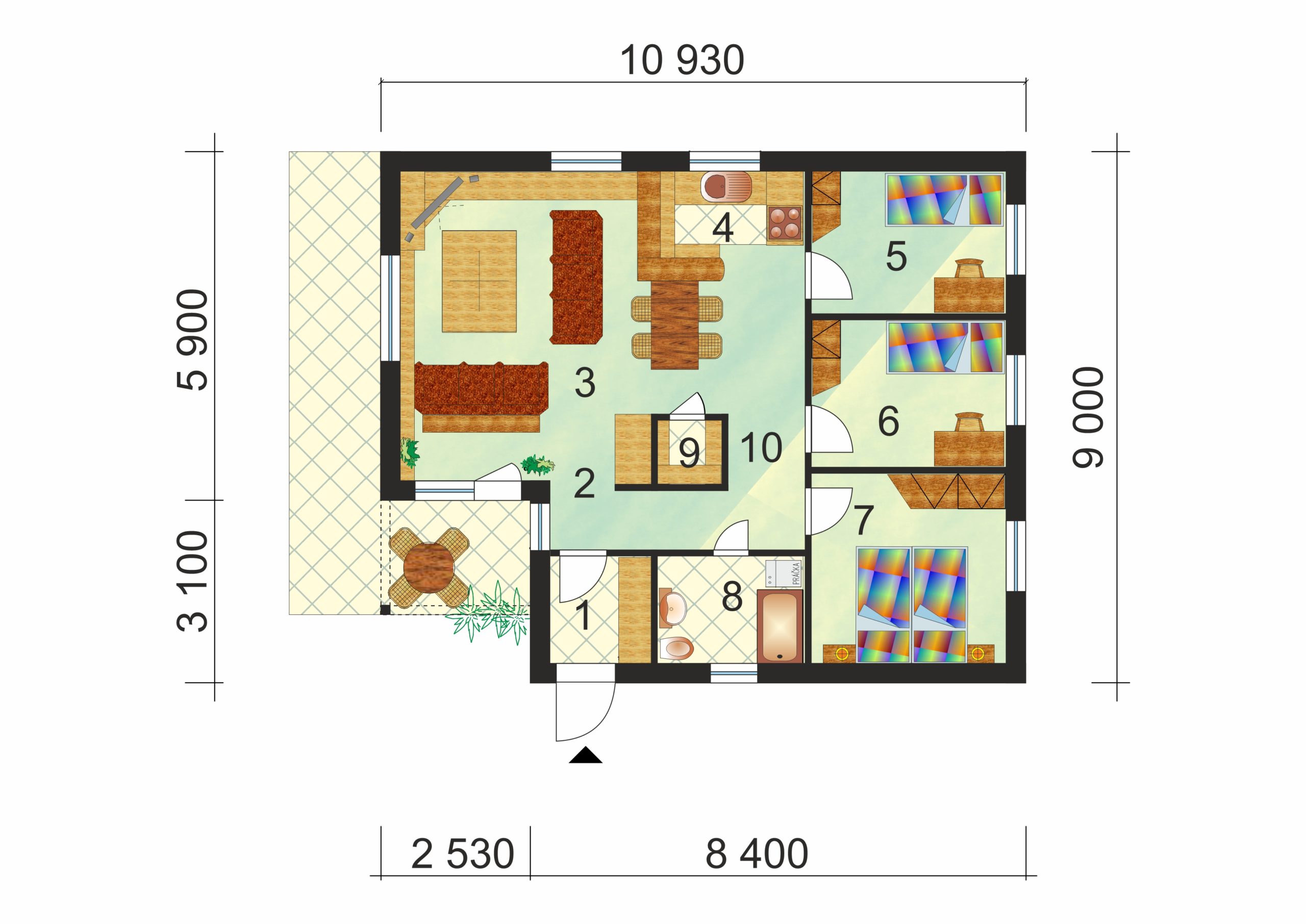 Négyszobás, téglalap alapú bungaló - sz.39, alaprajza 2022