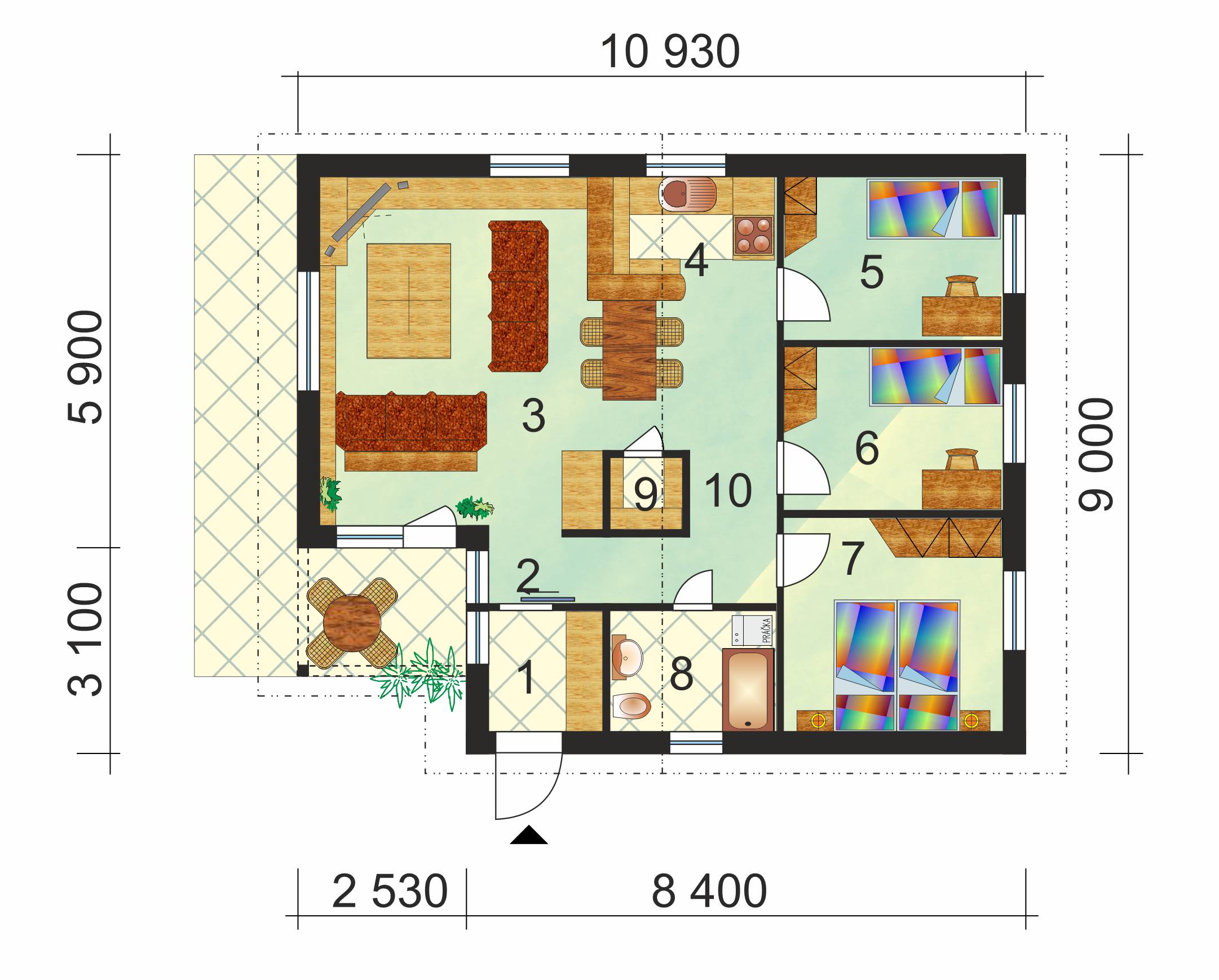 Négyszobás, téglalap alapú bungaló - sz.39, alaprajza 2023