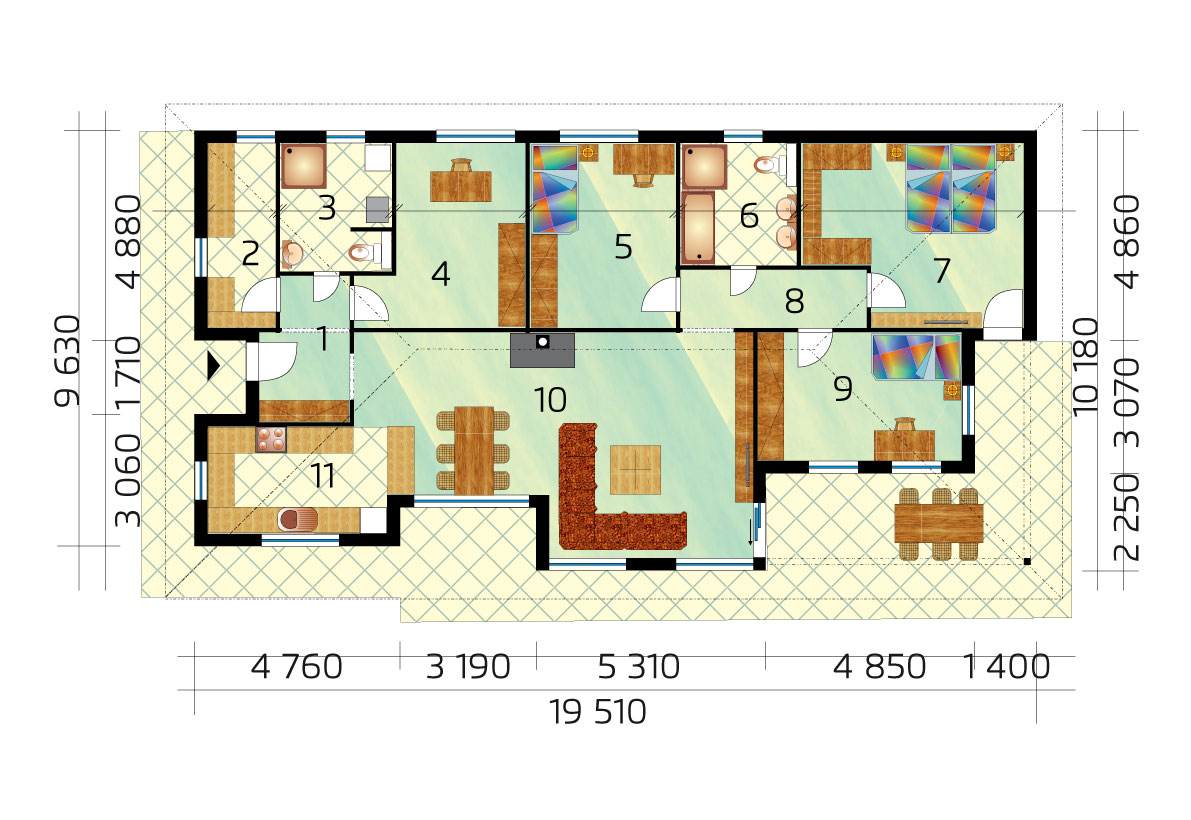 Nagy, három hálószobás ház dolgozószobával - sz.42, alaprajza