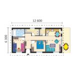 Téglalap alakú keskeny háromszobás bungaló terve - sz.47 - alaprajz