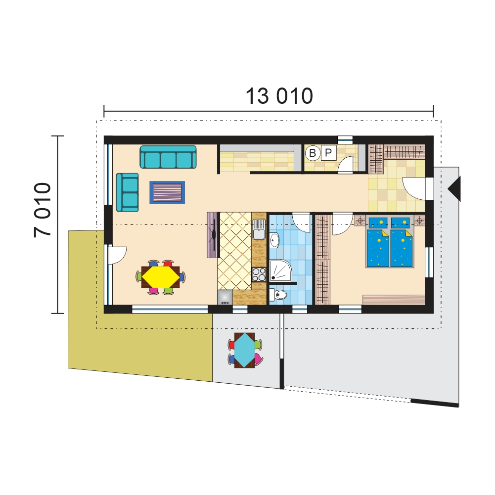 Kétszobás kerámiai bungaló egy hálószobával - sz.93 - alaprajz